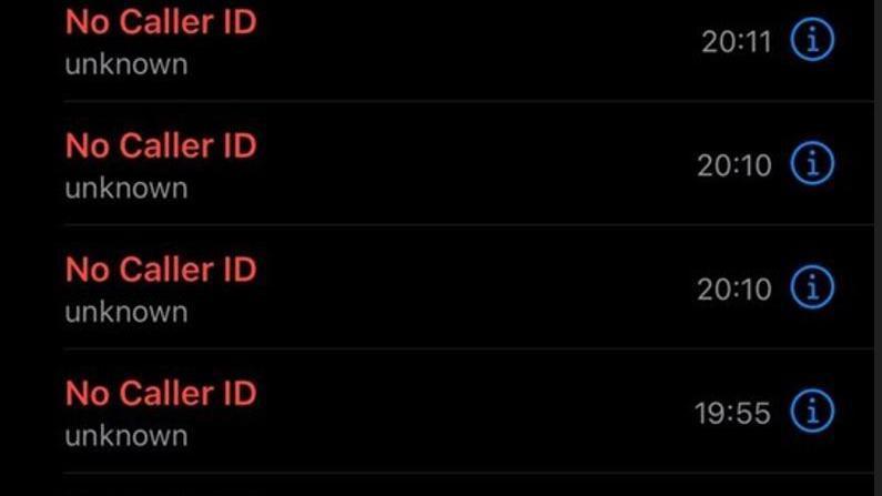 A screenshot of missed calls the victim endured on her mobile phone. They say No caller ID in red letters and unknown underneath on a black background with no caller ID. The times of the calls begin at 19:55 and are every few minutes. 