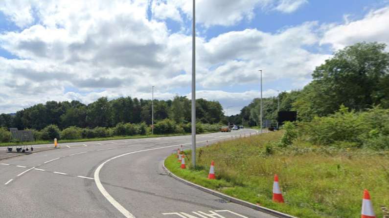 Looking along the Long Ashton Bypass from a roundabout, with cones and different lanes visible