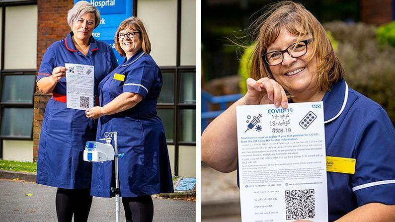 Jacqui Slater and Julie Painter with the patient pump (left) and Julie Painter with a poster promoting awareness of the service