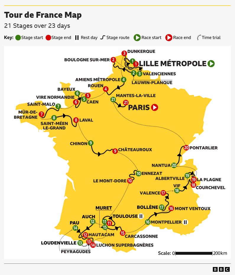 Map showing Tour de France stage routes for 2025