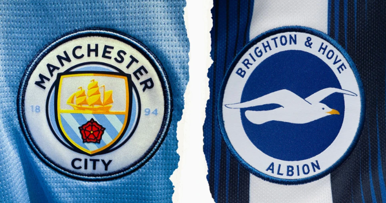 Manchester City badge on the left and Brighton & Albion Hove badge on the right 