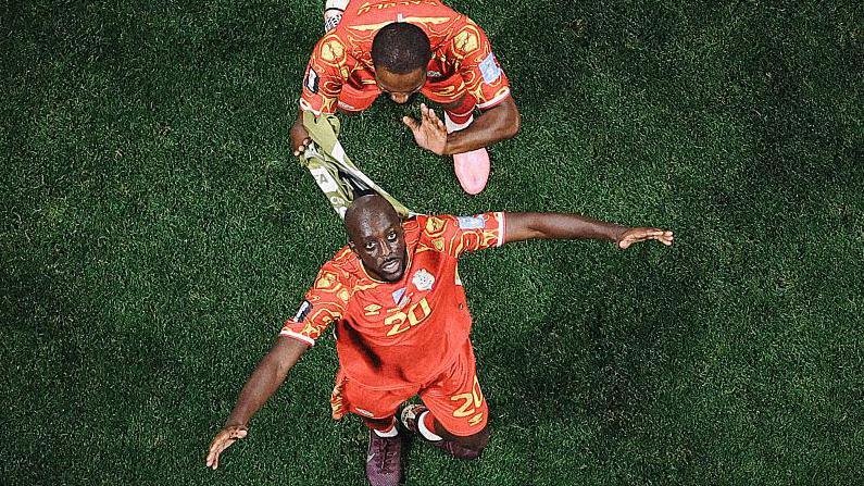 Overhead shot of Yoane Wissa and Gedeon Kalulu of Congo DR celebrate after the 3-1 win during the FIFA World Cup 2026 Group K match between Congo DR and Uzbekistan.