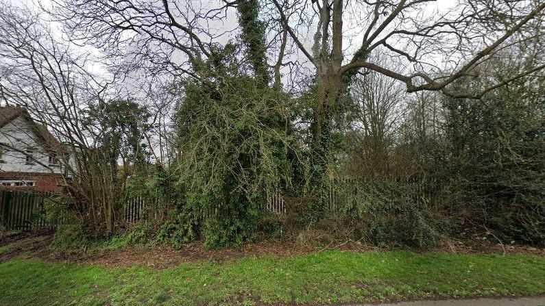 A fence with lots of trees next to a house