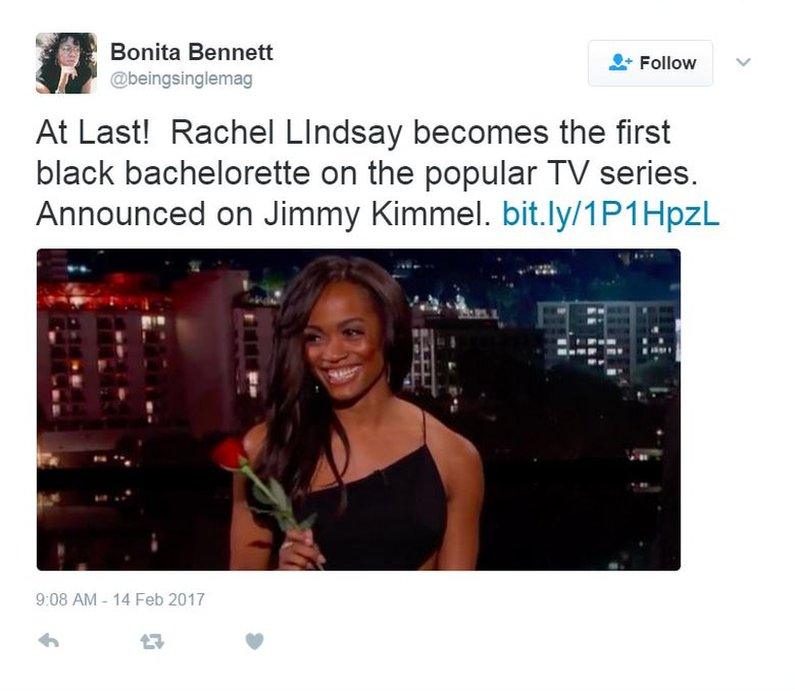 At Last! Rachel Lindsay becomes the first black bachelorette on the popular TV series. Announced on Jimmy Kimmel