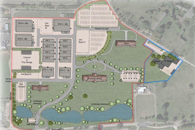 A digital image shows an aerial view of a map, showing areas where buildings, car parks and green spaces will be at a site proposed for the use of creating films and TV programmes.