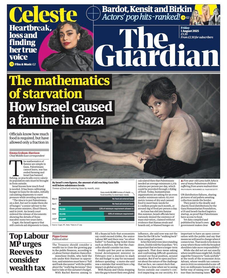 The headline on the front page of the Guardian reads: "The mathematics of starvation: How Israel caused a famine in Gaza".