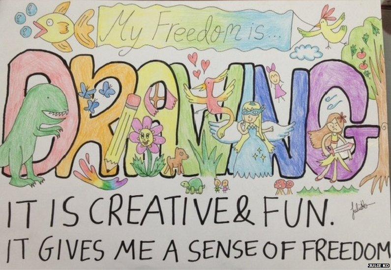 Drawing with the words: "My freedom is drawing. It is creative and fun. It gives me a sense of freedom."