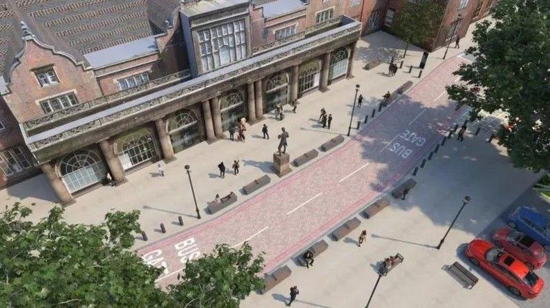 An aerial artist's impression of the road - there is lettering on the floor which indicates sections of the road form a bus gate, and there are people milling about the front of an elaborate railway station building.