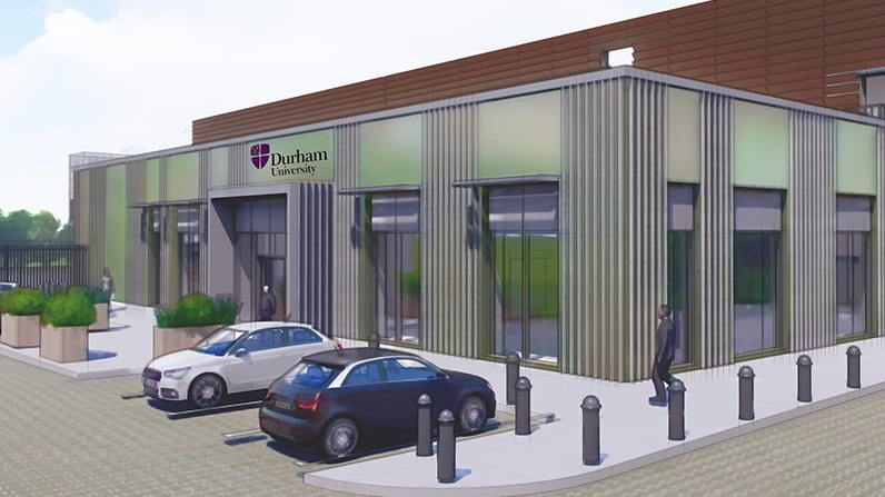 An artist's impression of the data centre shows cars parked in front of a single storey glass-fronted building with Durham University signage above the entrance.