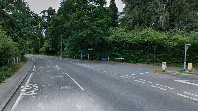 A Google streetview image of the junction of Woodlands Road and the A35 at Ashurst