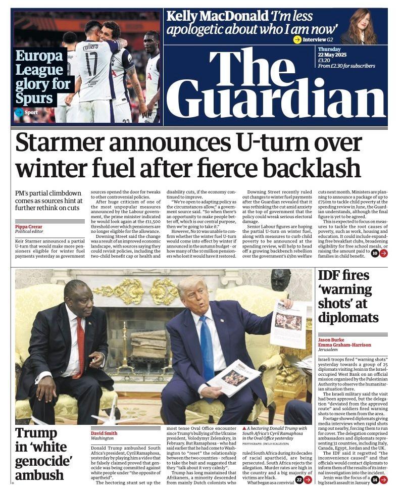The headline on the front page of the Guardian reads: "Starmer announces U-turn over winter fuel after fierce backlash".