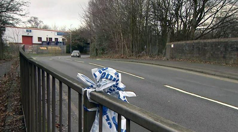 The scene of the collision shows a road with railings and police tape attached to it, as a car can be seen driving in the background. There are trees on the right side of the road.