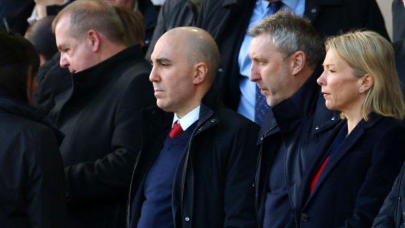 Manchester United chief executive Omar Berrada, technical director Jason Wilcox and chief operating officer Colette Roche watching the 2-2 draw at Everton on Saturday