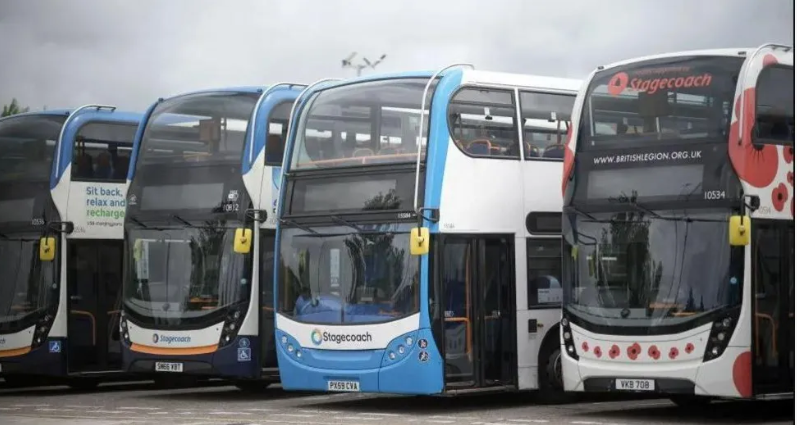 A row of double-decker Stagecoach buses.