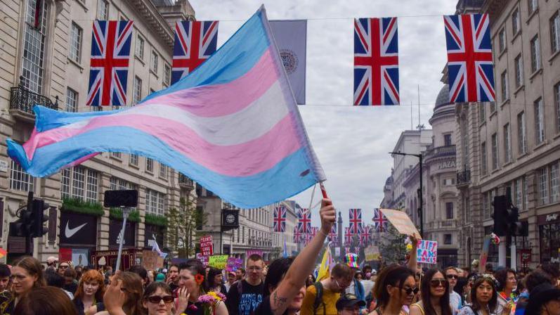 A person waves a transgender rights flag during a demonstration 