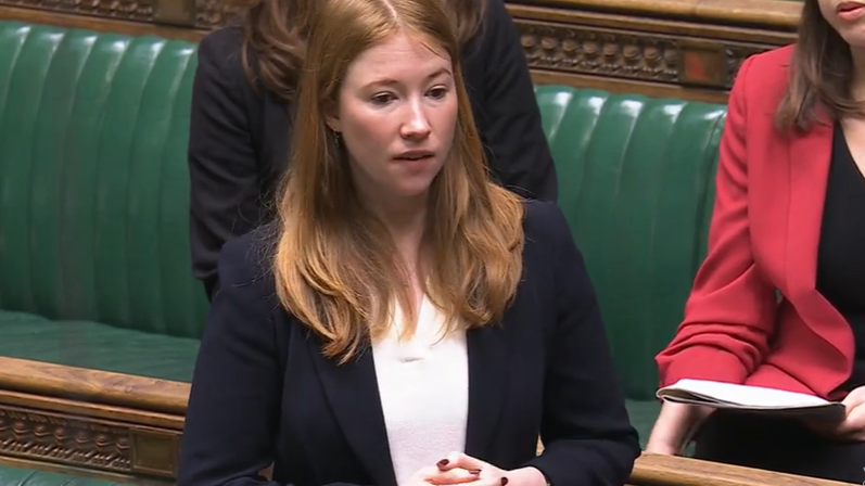 Labour MP for Hastings and Rye, Helena Dollimore, pictured in the House of Commons chamber. She is wearing her ginger hair down, and is dressed in a navy suit jacket and white undershirt.