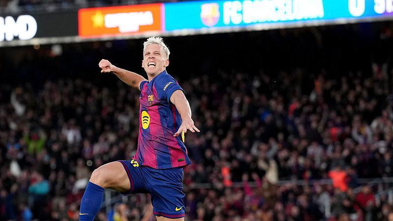 Dani Olmo celebrates scoring for Barcelona against Real Oviedo in La Liga