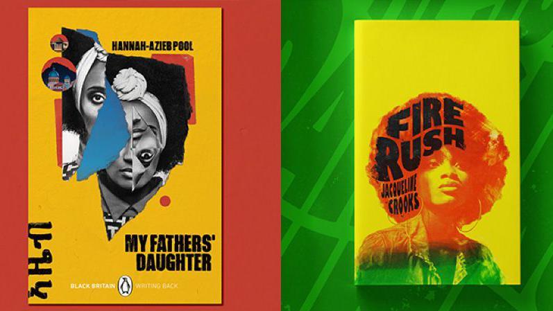 Two book covers side by side. The left one is yellow on a red background with a fractured collage image of a woman's face, and it is titled 'My Father's Daughter'. The right one is is a brighter yellow on a green background. It shows a black woman with an afro and within her hair it reads 'Fire Rush'.