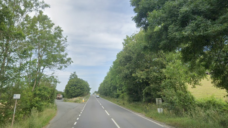 The view along a main road, with one lane in either direction, a car in the distance and trees and bushes on either side of the road.