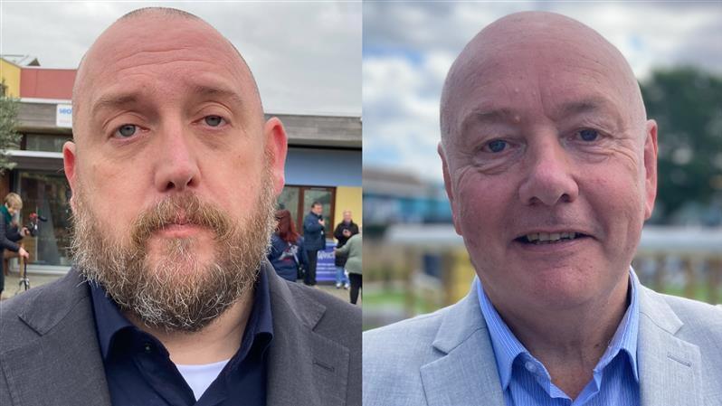 Two pictures side-by-side. The man on the left is bald and had a brown and white beard. The man on the right is older and is bald without a beard.