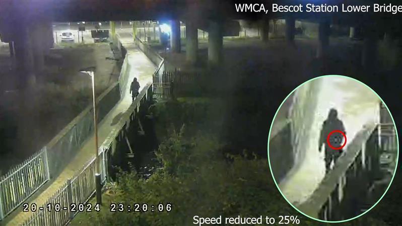 A colour CCTV image shows a person on a bridge allegedly throwing a phone into the river, with the device circled in red.