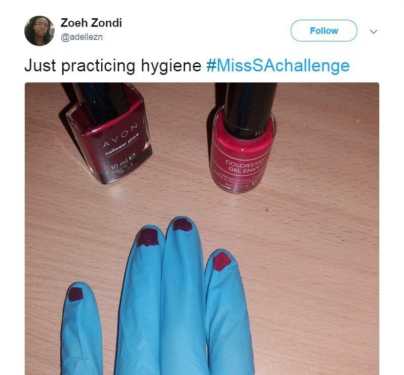 Tweet with latex gloves and nail polish on them saying 'just practicing hygiene'