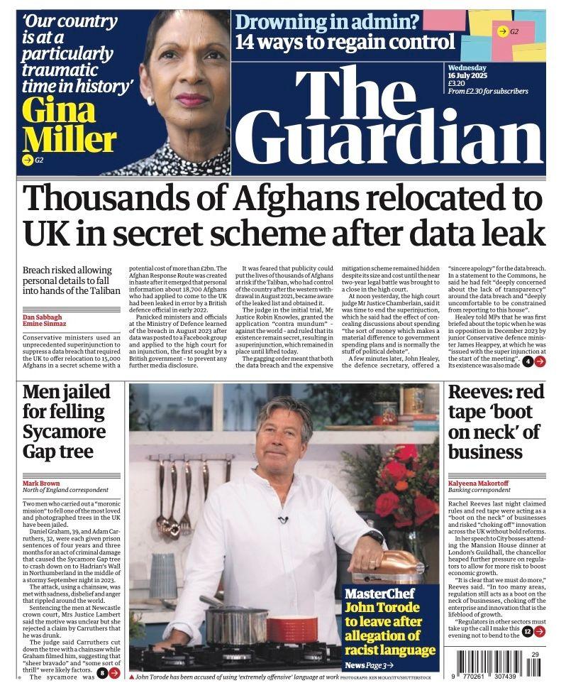 The headline on the front page of the Guardian reads: "Thousands of Afghans relocated to UK in secret scheme after data leak".
