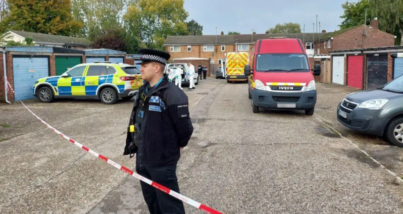 A police officer stands watching behind a line of red and white tape. Multiple vehicles are parked behind him, including a red emergency vehicle, a number of police cars and a grey car. People wearing white forensic suits are working in the background. Individual garages with different colour doors line the perimeter, with the backs of houses in the far distance.