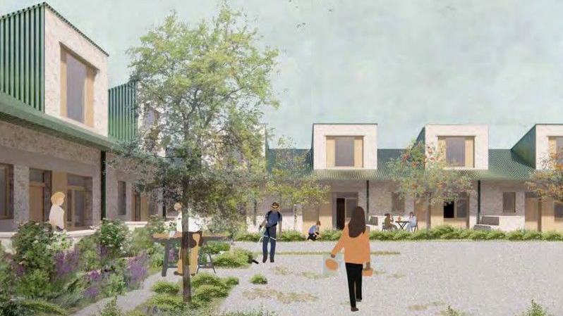 A computer generated image of a council development, with a line of terraced bungalows with large windows and a courtyard with trees and people in.