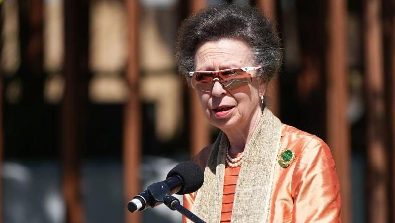 The Princess Royal is seen wearing sunglasses and with a beige scarf draped over her orange top as she unveils the Cape Town Labour Corps Memorial. 