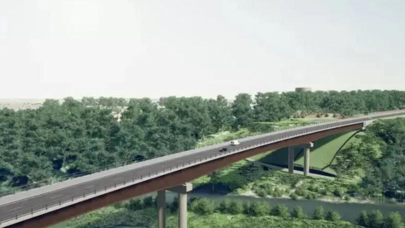 An artist's impression of the North West Relief Road, which shows vehicles on a flyover section that is above a river and is flanked by woodland.