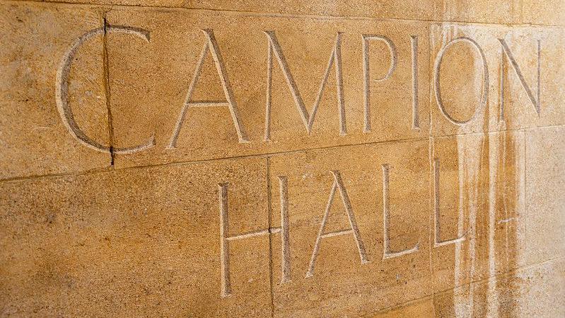 Pale stones with the words Campion Hall carved into them