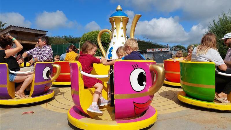 Children and adults riding a version of the tea cup ride at the park. The brightly coloured tea cups are in motion. Three children are riding a pink teacup in the centre of the picture. 