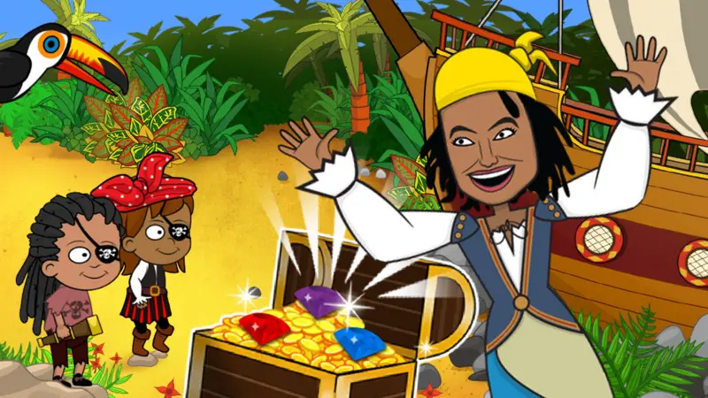 On a desert island beach, Gem the pirate is jumping in front of a shining treasure chest full of gems. There are two young pirates watching.