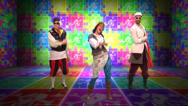 Gem, Cook and Line are doing the Swashbuckle salute against a very colourful checkerboard background