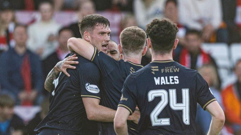 Kilmarnock's Joe Wright celebrates with his team mates as he scores to make it 1-0 during a UEFA Conference League qualifying match between Tromso and Kilmarnock at the Romssa Arena, on August 15, 2024, in Tromso, Norway. (Photo by Craig Foy / SNS Group)