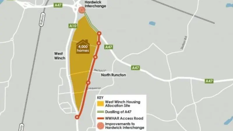 Map showing where a new road will be built in West Norfolk around West Winch connecting the A10 and A47