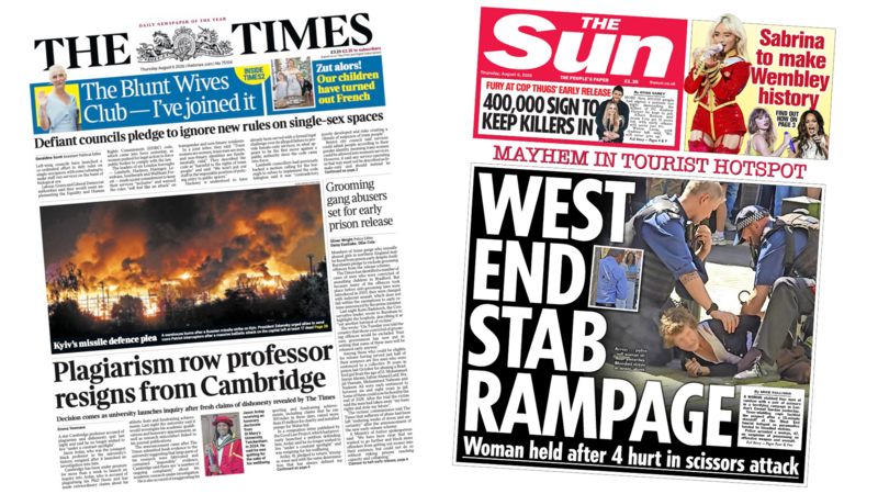 UK papers: 'Plagiarism row professor resigns' and 'West End stab rampage'