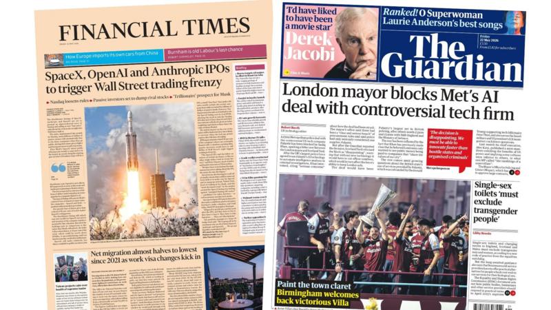 The Papers:  'Net migration almost halves' and 'Paint the town claret'