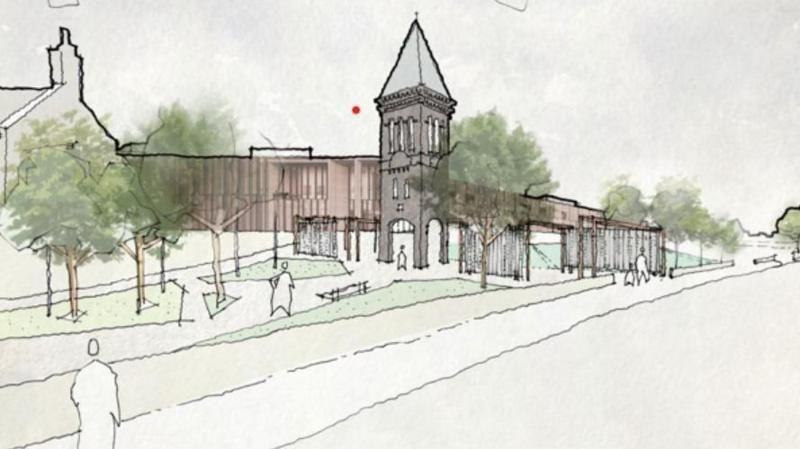 Artist's impression of a new hospital facility, set back from an open space. The main focus is a free-standing square bell tower with a large square building behind it.