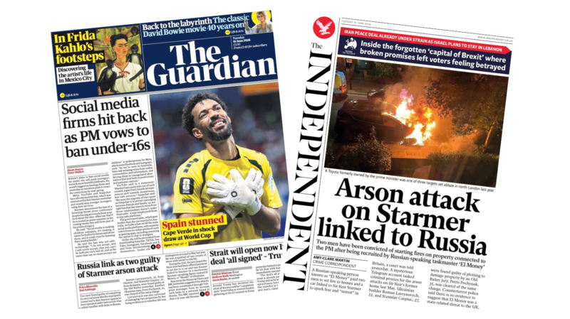 'Social media firms hit back' and 'Arson attack on Starmer linked to Russia'