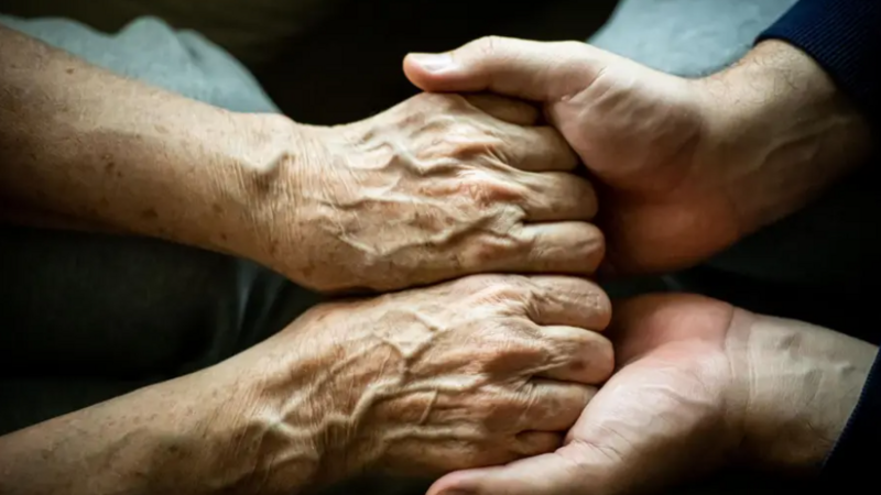 a pair of wrinkled hands stretch out to be held by a pair of softer hands, implying a caring role