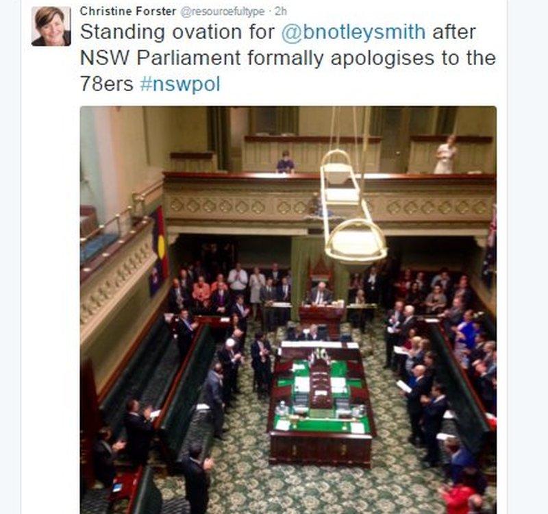 Standing ovation for @bnotleysmith after NSW Parliament formally apologises to the 78ers #nswpol