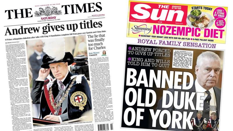 The Papers: 'Andrew gives up titles' and 'Banned old Duke of York'