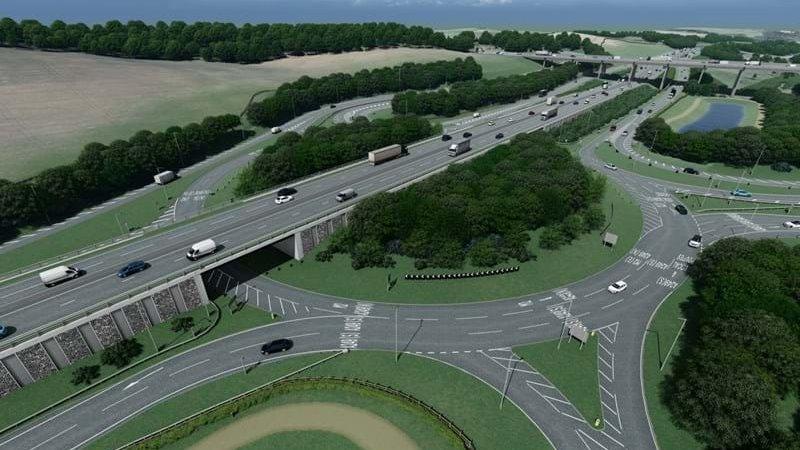 An artist's CGI impression of the stockbury roundabout junction when finished which features a large central roundabout with a flyover above a large wooded area.