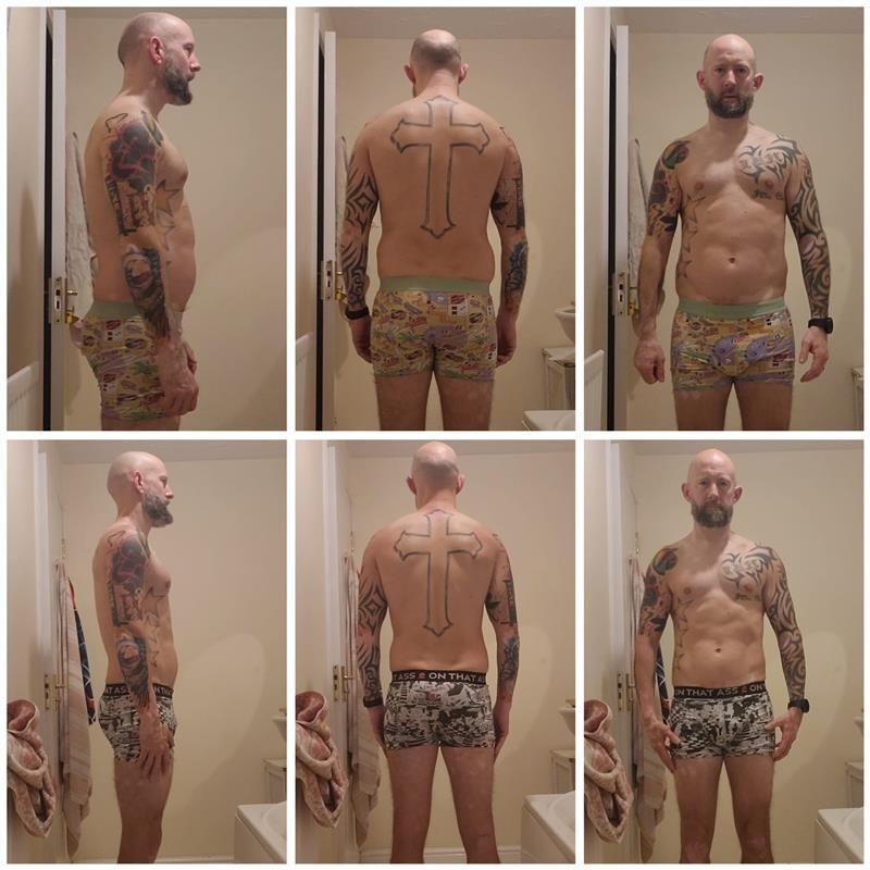 Before and after photos showing Wayne I'Anson in his boxers from the front, back and side