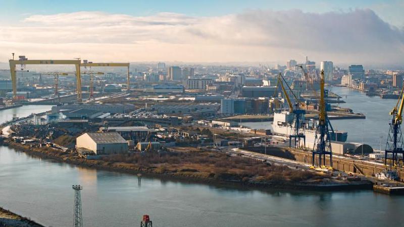 A general view of Belfast Harbour with Harland and Wolff's distinctive yellow and black Samson and Goliath cranes in the background.