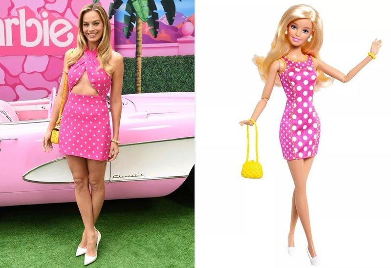 Margot dressed as Barbie, alongside the Barbie doll