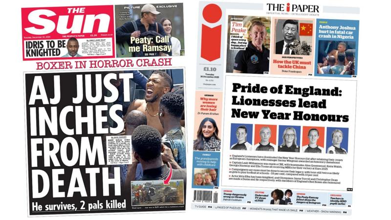 The Papers: Anthony Joshua in 'horror crash' and honours for 'pride of England'