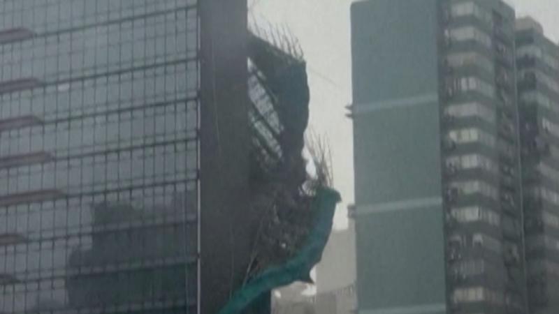 Watch: Scaffolding ripped from Hong Kong building as Typhoon Noul makes landfall